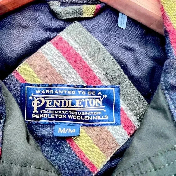 Men’s Pendleton Full Zip Botton Snap Striped Blanket Jacket Green/Brown Size M - Picture 8 of 15
